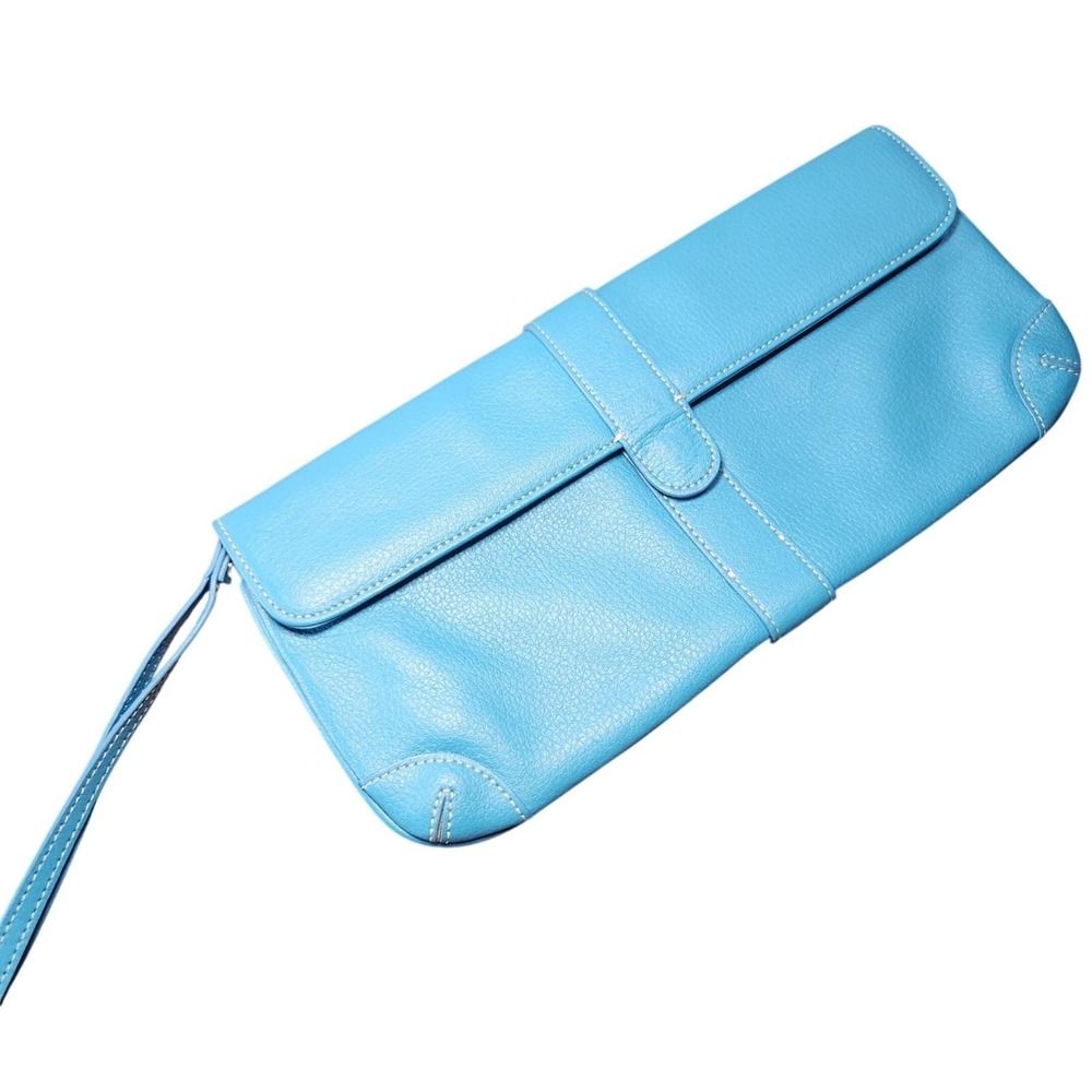 Vintage Y2K Ann Taylor LOFT Blue Genuine Leather Wristlet Clutch Purse Preppy